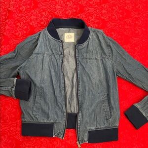 SO Chambray Denim Bomber Jacket Women’s L Blue Navy Trim Zip